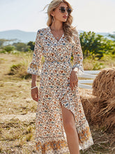 Vacation Flared Sleeves Buckle V-Neck Maxi Dress
